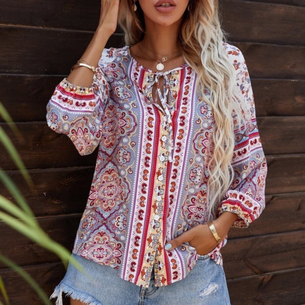 Boho Pink Floral Paisley Button up Tie Top cottagecore - Picture 3 of 5